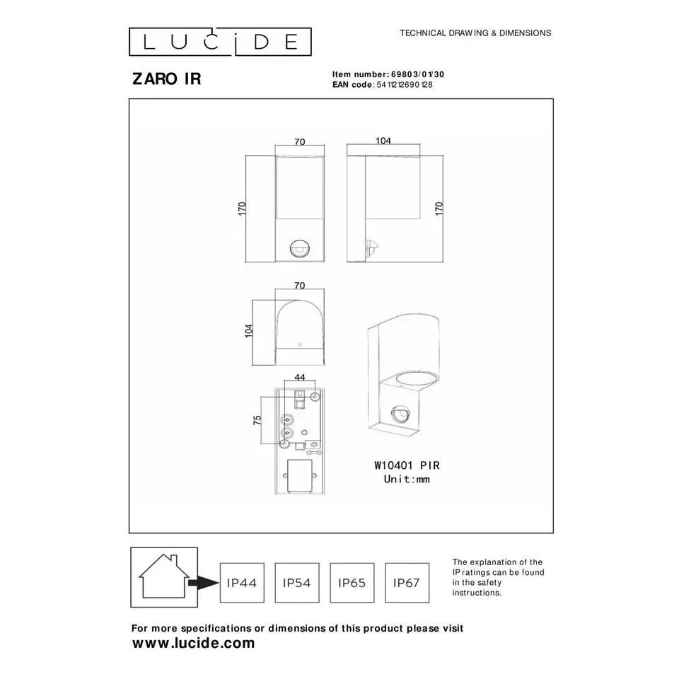 Lucide ZARO IR Wandspot - Zwart