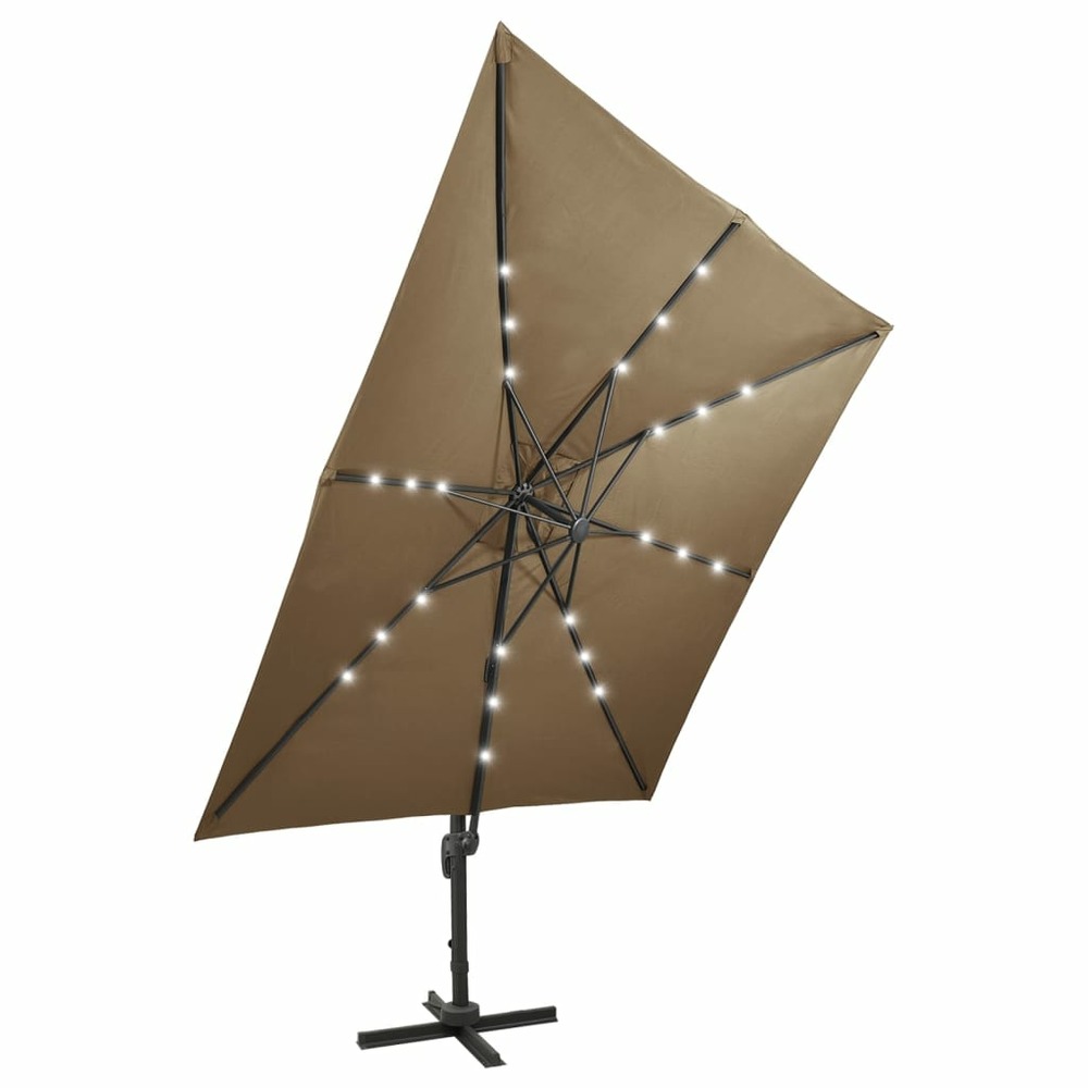 Parasol meuble de jardin déporté avec mât et lumières led 300 cm taupe