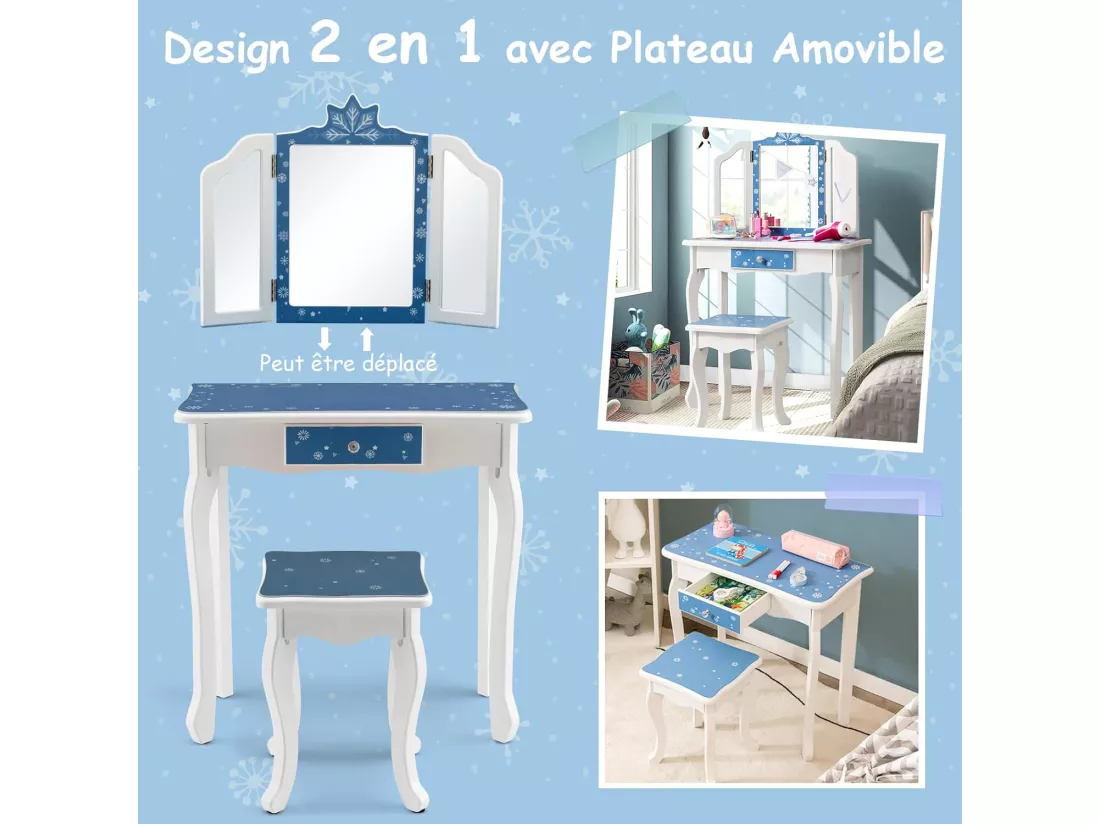 2 en 1 Coiffeuse Enfants Fille avec Miroir Amovible à 3 Volets & Tabouret, Table de Maquillage avec Tiroir & Motif Flocon de Neige, Charge 50kg pour Enfants de 3-7 Ans, (Bleu)