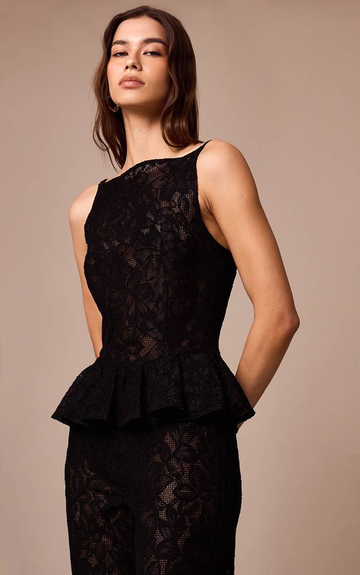 Noir Haut Sans Manches Péplum En Dentelle Transparente Ensemble Coordonné