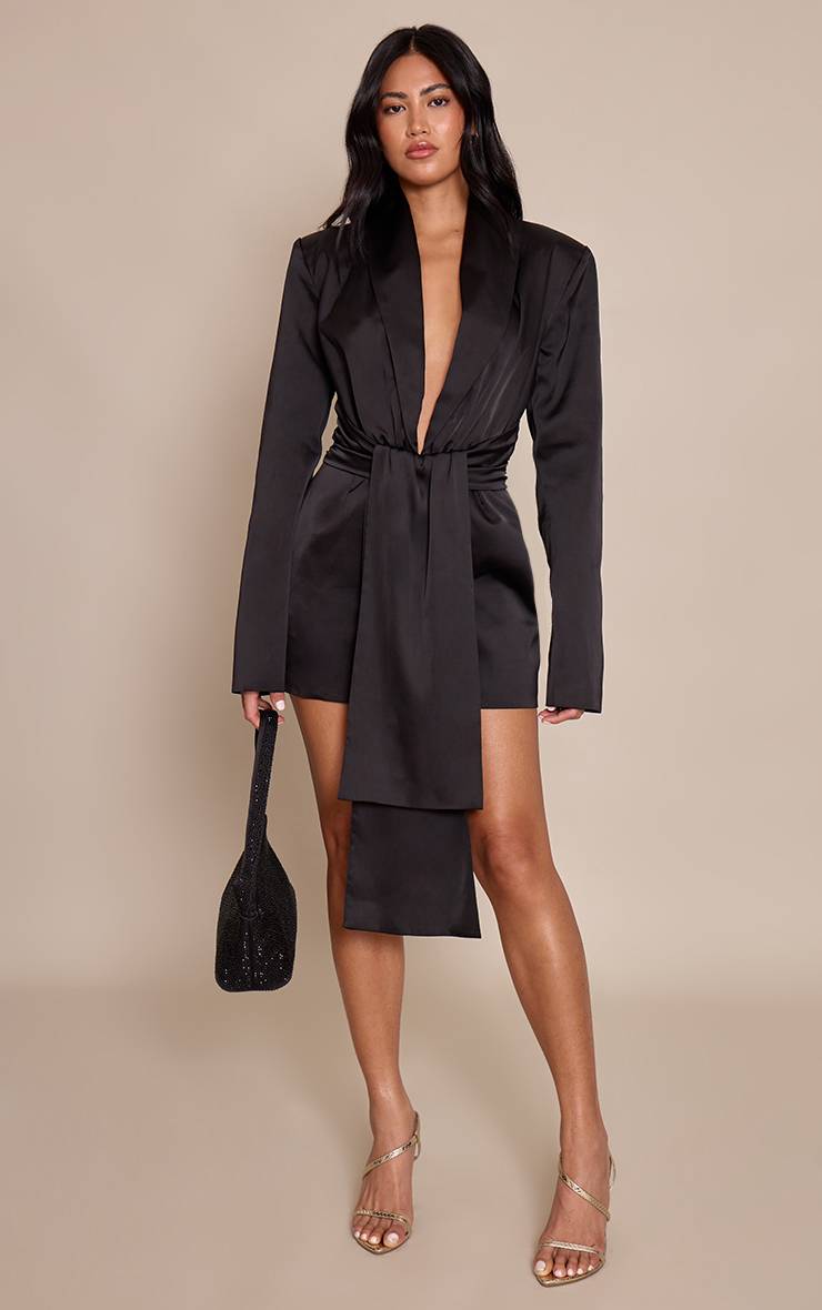 Noir Robe Blazer En Satin Structuré Avec Détail Drapé