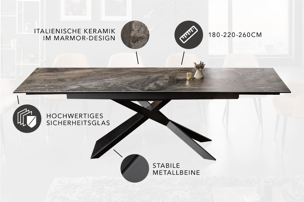 invicta INTERIOR Ausziehbarer Esstisch Euphoria 180-220-260cm Taupe Keramik Made in Italy