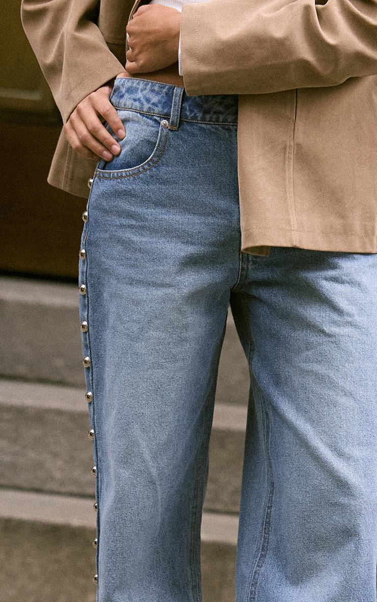 Mid Blue Wash Jean Taille Haute À Clous