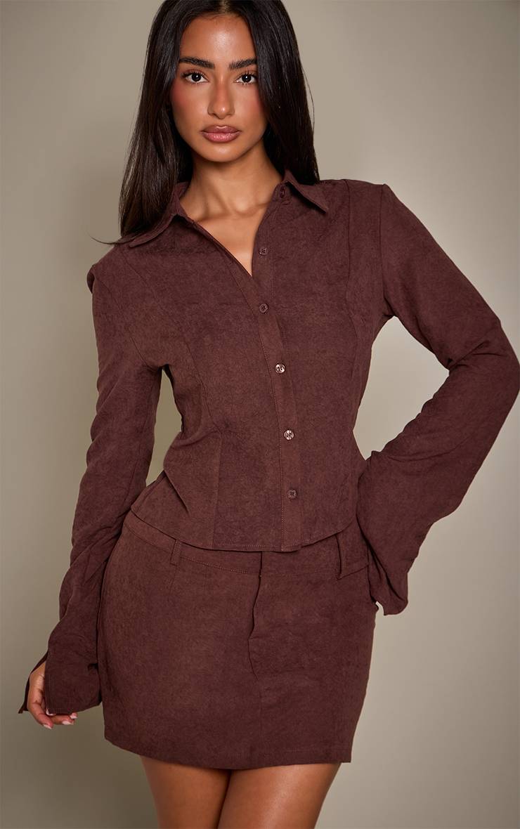 Marron Chemise Ajustée Peau De Pêche