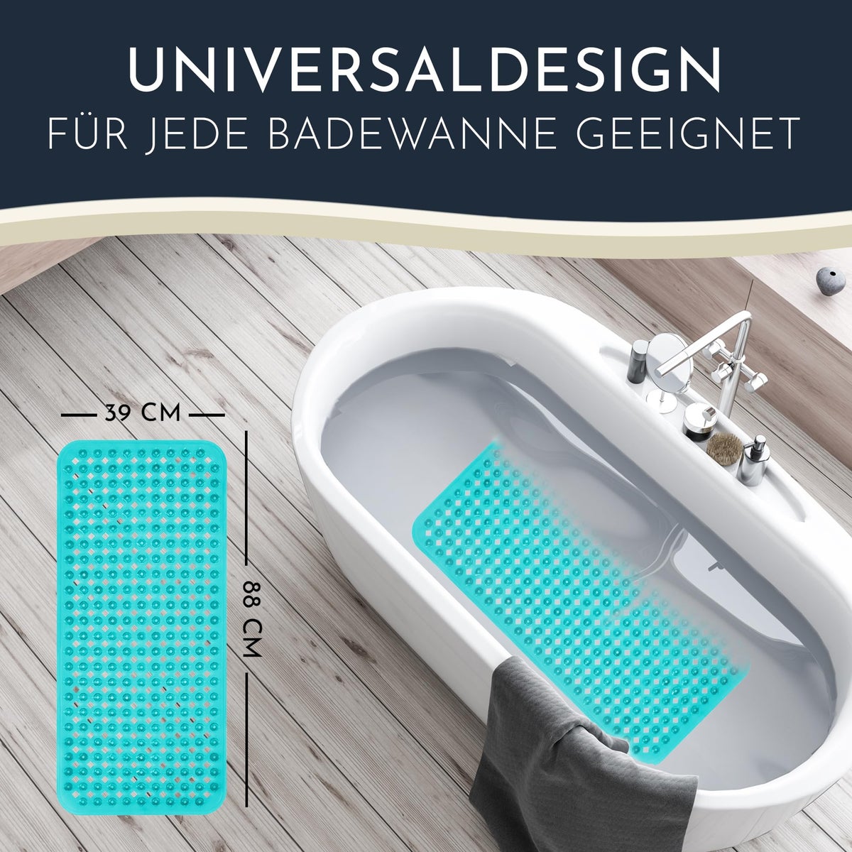Homerella Antislip Badmat, Huidvriendelijk, 88x39cm, INCL. OPHANGSTANG | Antislip Badmat, BPA-vrij | Schimmelwerende & Machinewasbare Douchemat | Antislip Badmat