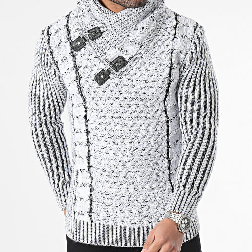 Pull Col Boutonné Blanc Noir