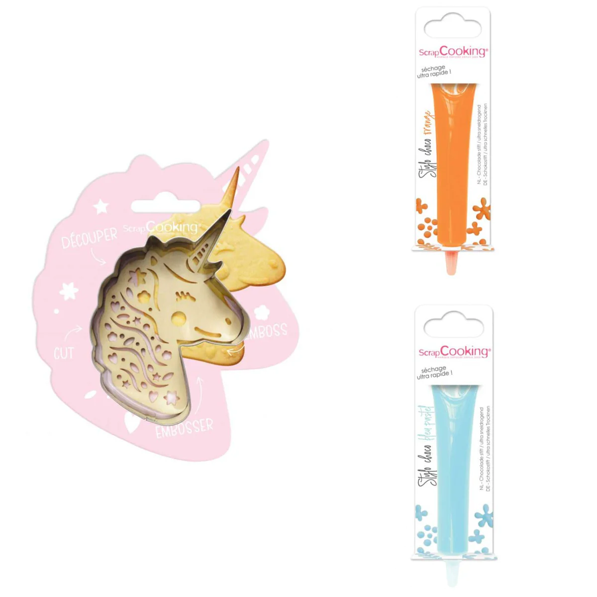 Kit pour biscuit en relief Licorne + 2 Stylos au chocolat orange et bl