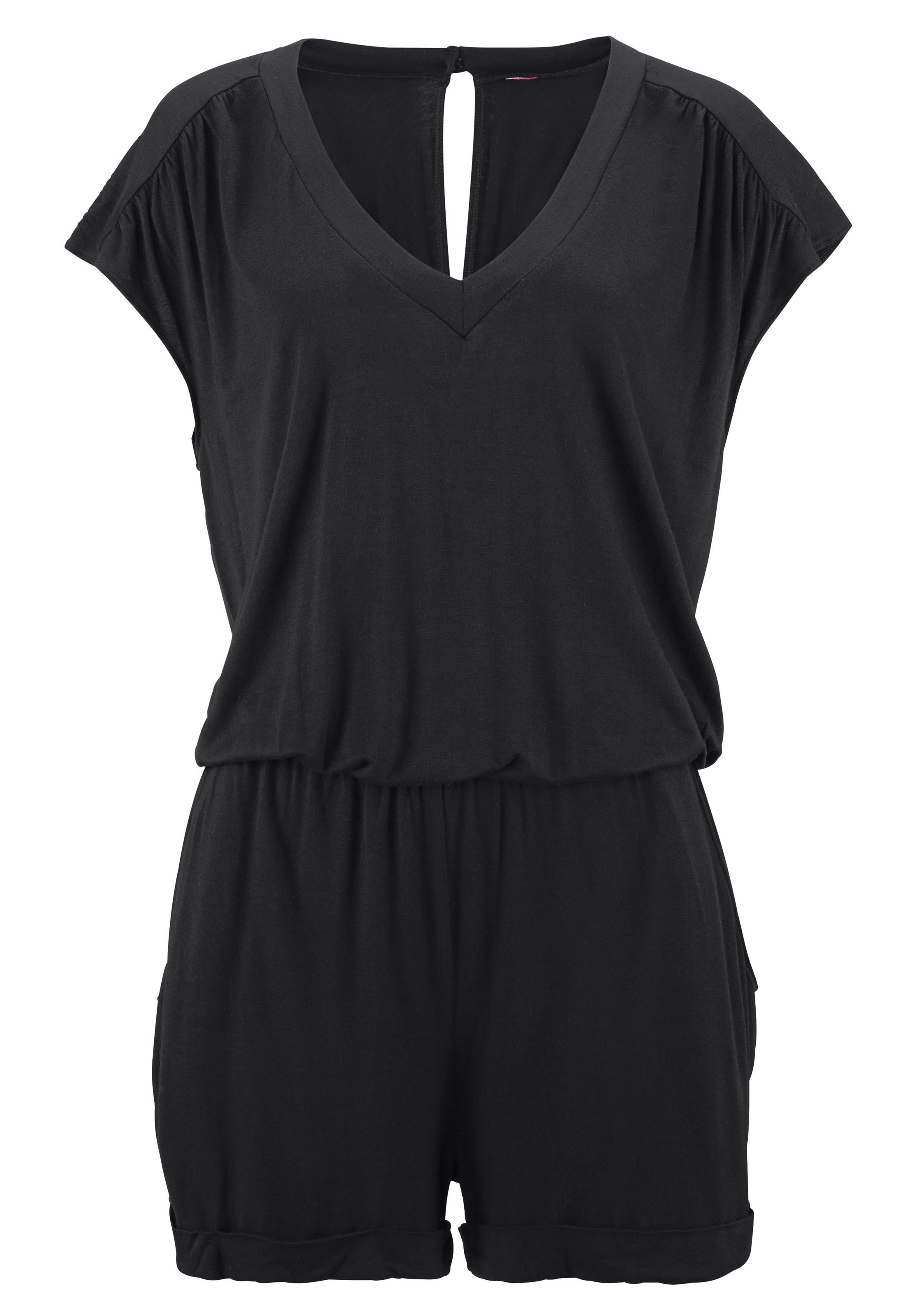 LASCANA Kurzoverall , mit V-Ausschnitt, elastischer Jumpsuit mit Taschen