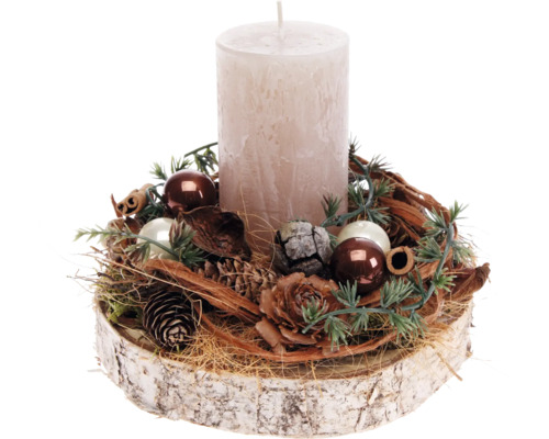 Adventsbloemstuk, tafelstuk, Ø 19 cm, H 17 cm, berkenhouten schijf, incl. 1 rustieke pindakaars