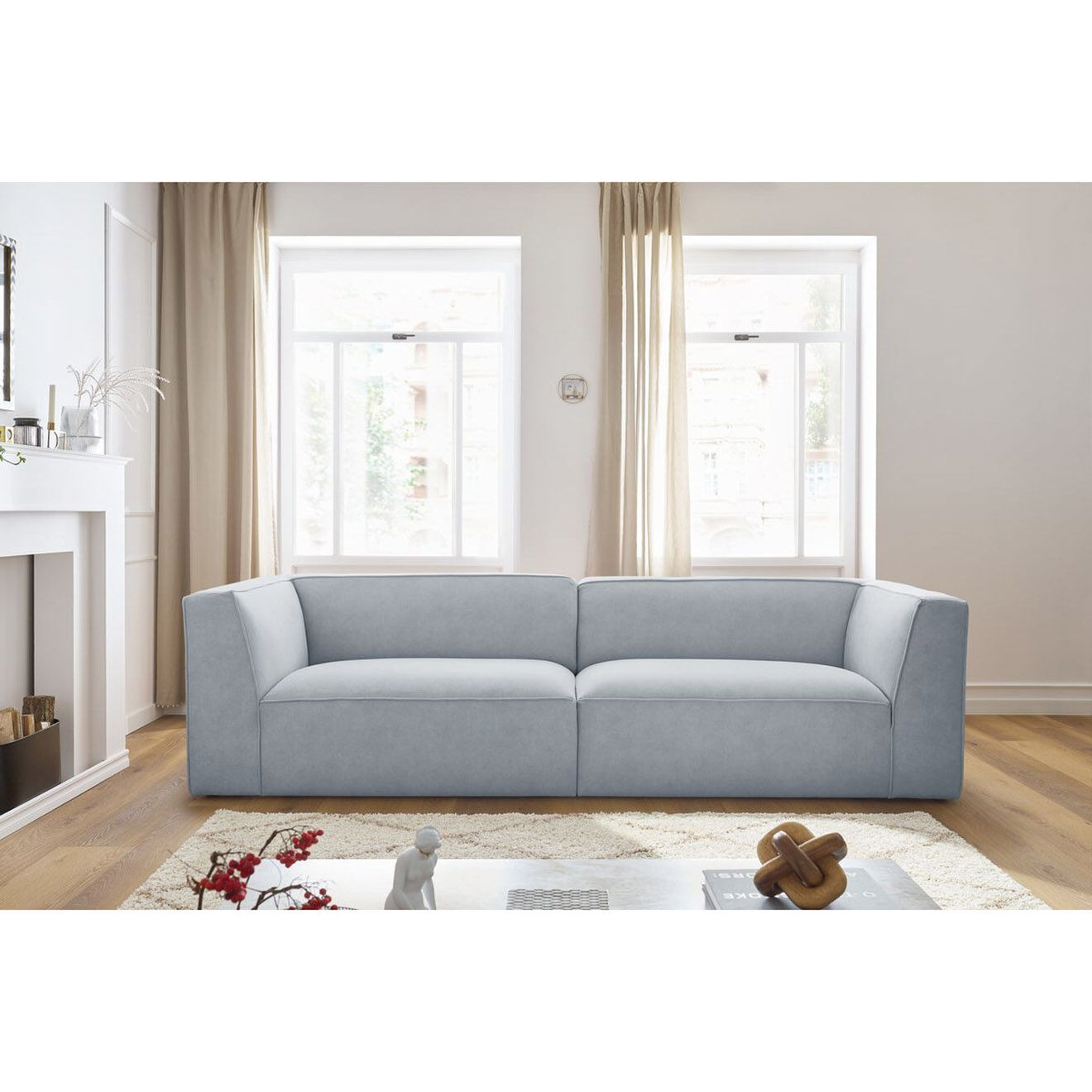 Bobochic Canapé droit fixe 4 places en Velours Molière gris clair - 273x99x71 cm