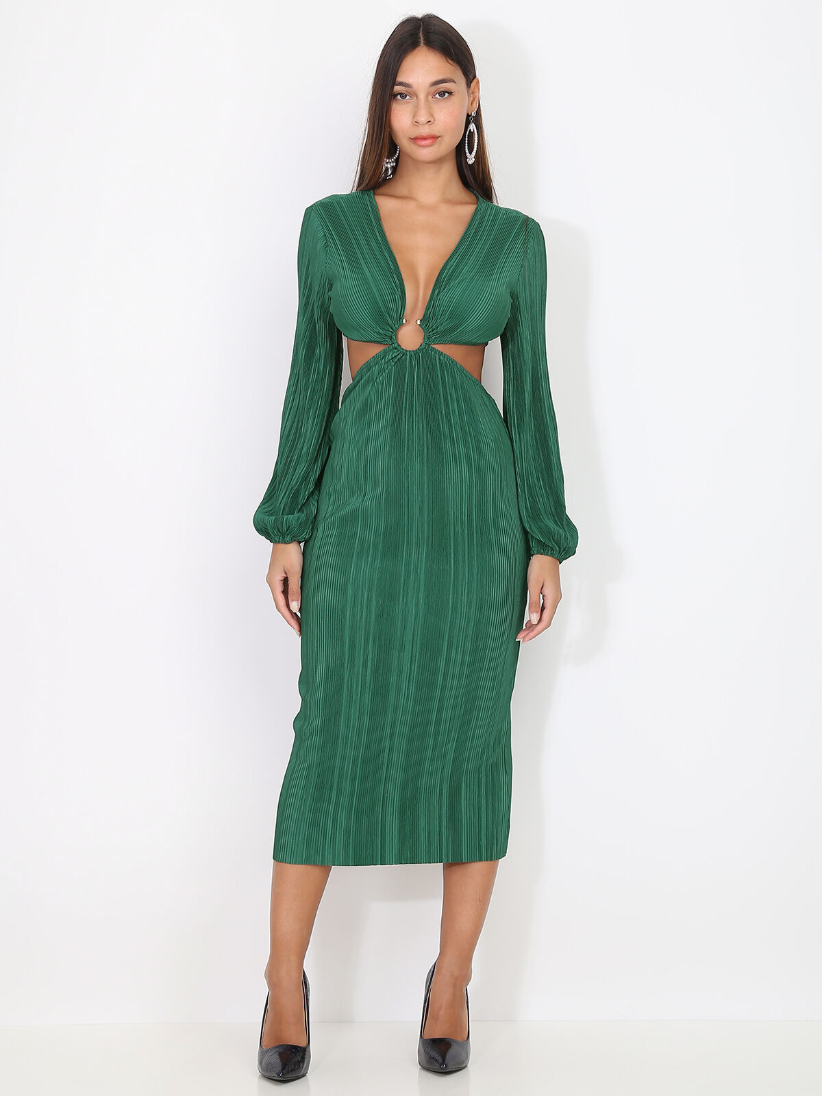 Robe plissée cut-out à anneau doré- Vert foncé