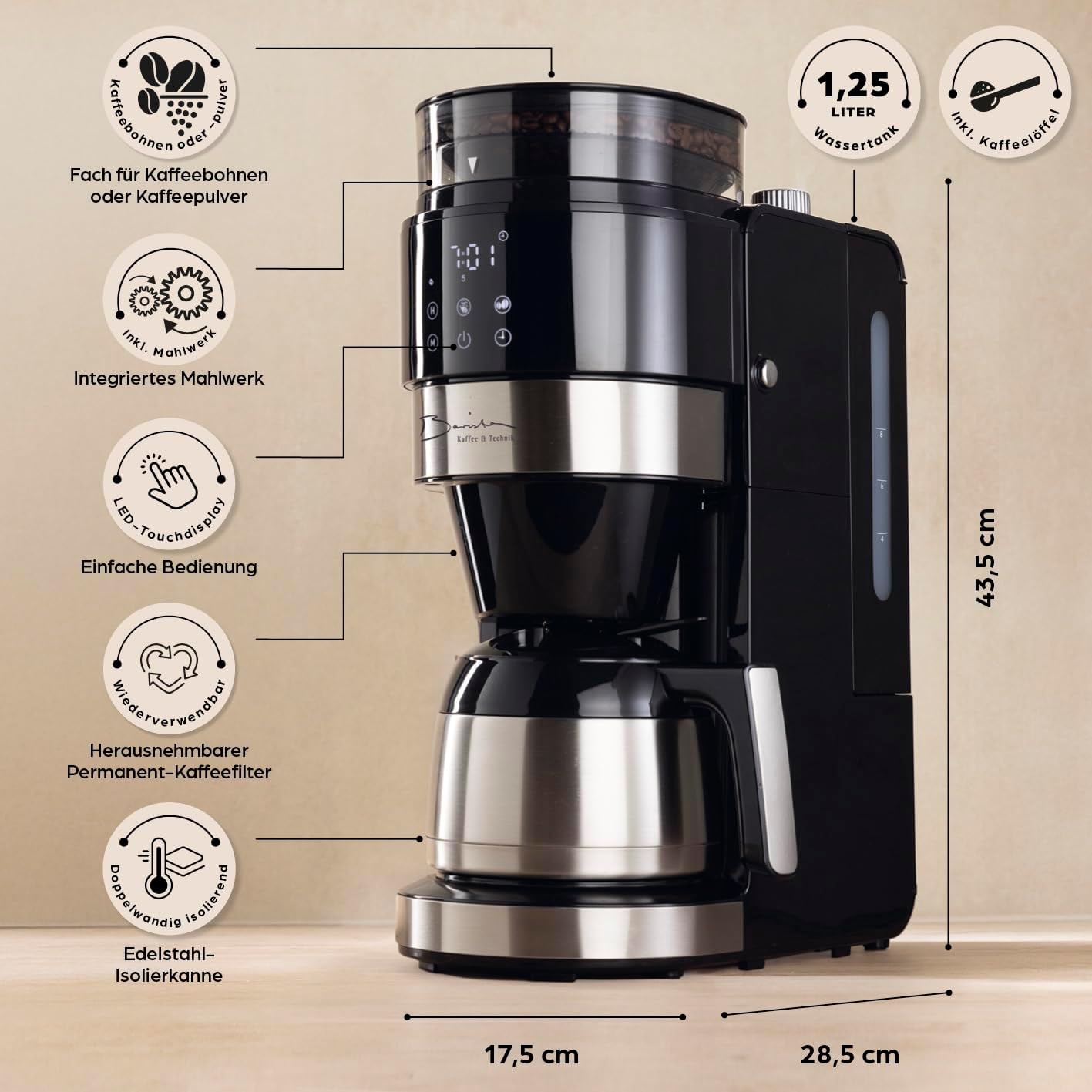Barista Kaffeemaschine mit digitalem Touch-Display 800W schwarz mit Mahlwerk + Isolierkanne