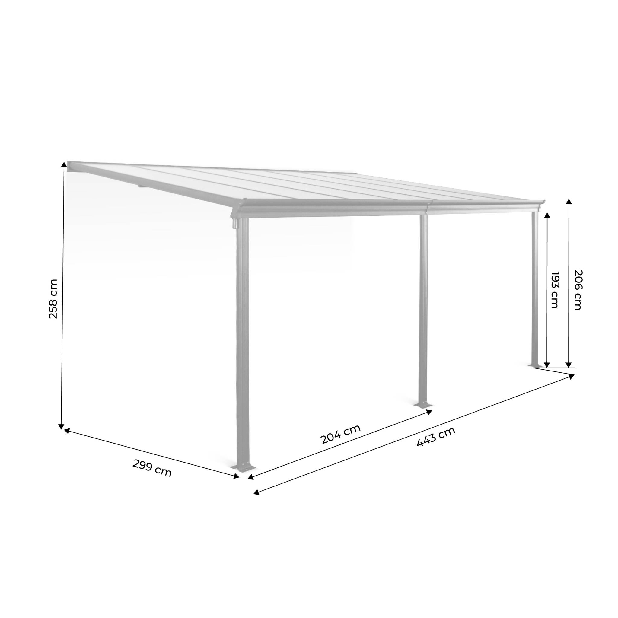 Pergola murale 3x4 m en aluminium et polycarbonate avec gouttière. Adossée. Avenio