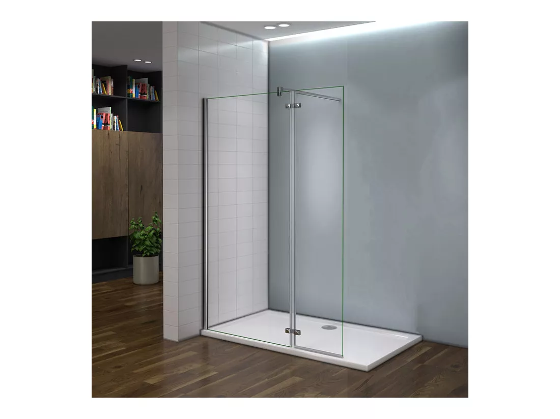 Paroi de douche fixe à l'italienne avec retour pivotant 90+40x200cm, charnières, avec barre de fixation 90cm en carré