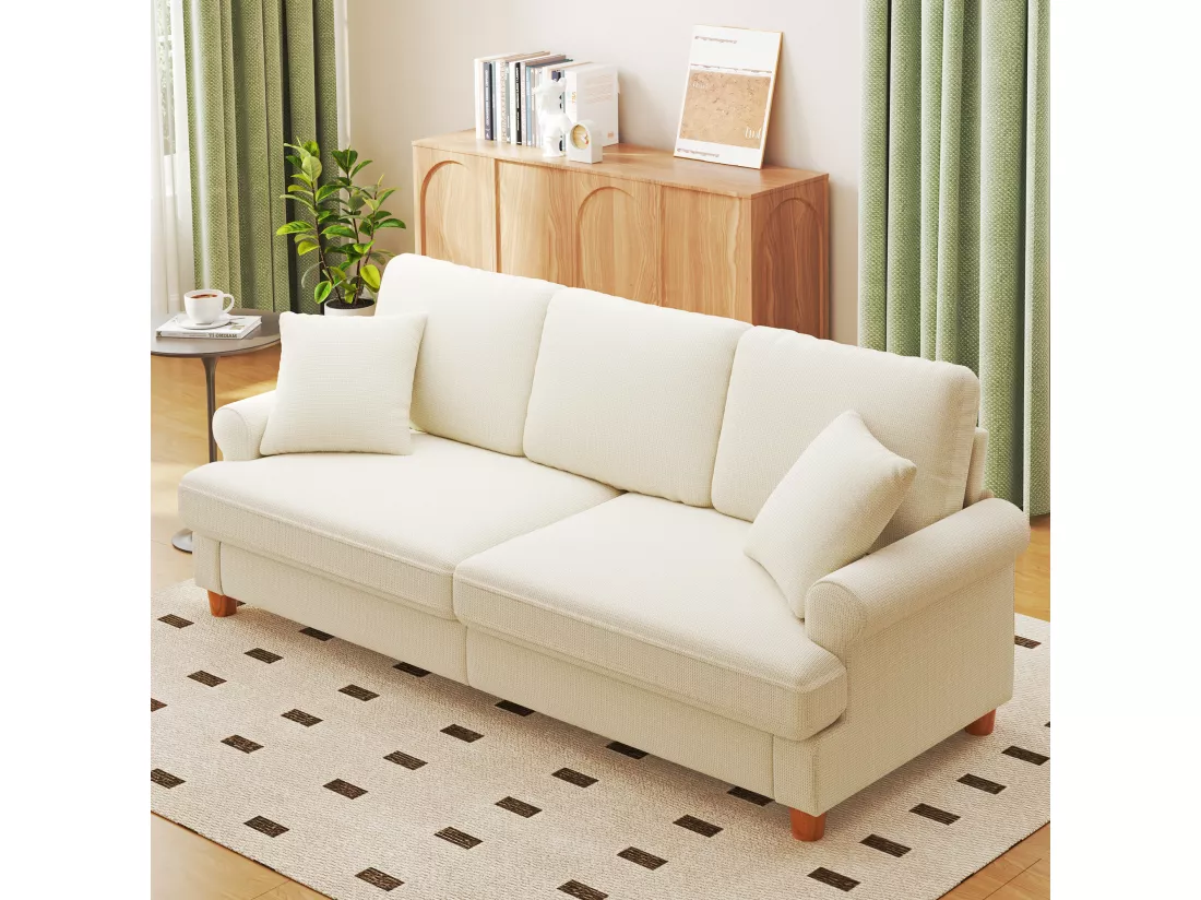 Canapé confort 3 places, Tissu en Chenille, avec accoudoirs,coussins et 2 oreillers, Charge max 365 kg - 220x76x86 cm