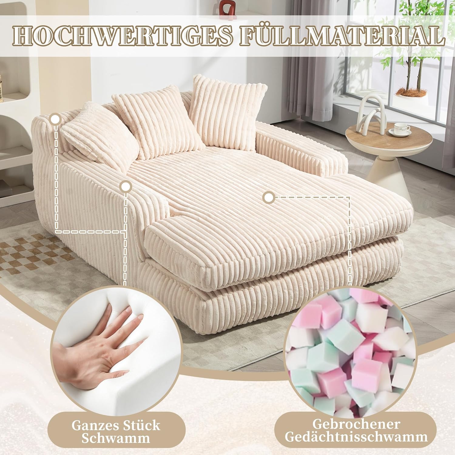 Modernes Cord-Schlafsofa Cloud Couch mit 3 weichen Kissen, bequemes Einzelsitz-Bodensofa für Wohnzimmer Wohnung Büro (Beige)