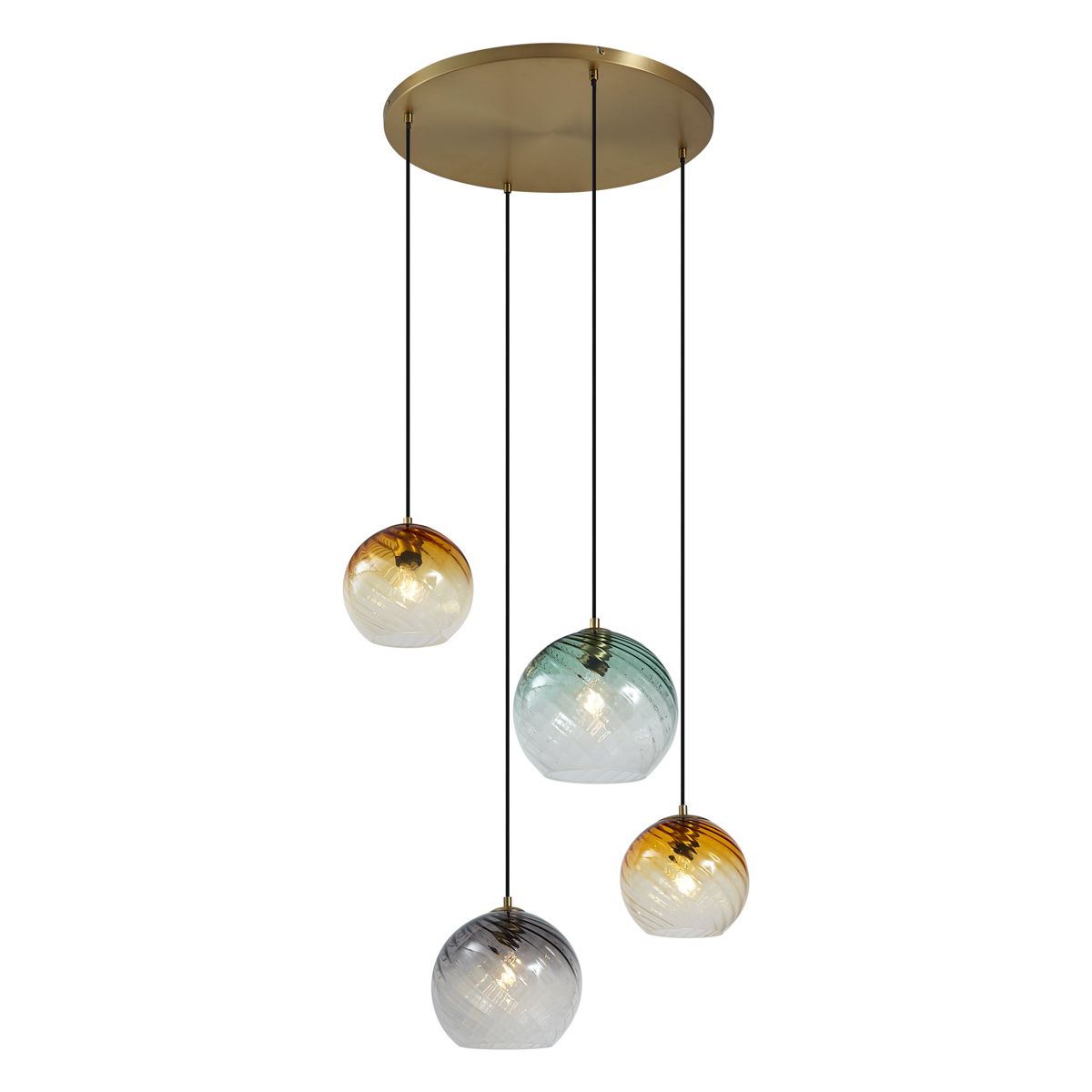 Hanglamp brons met smoke amber en groen glas rond 4-lichts - Bao