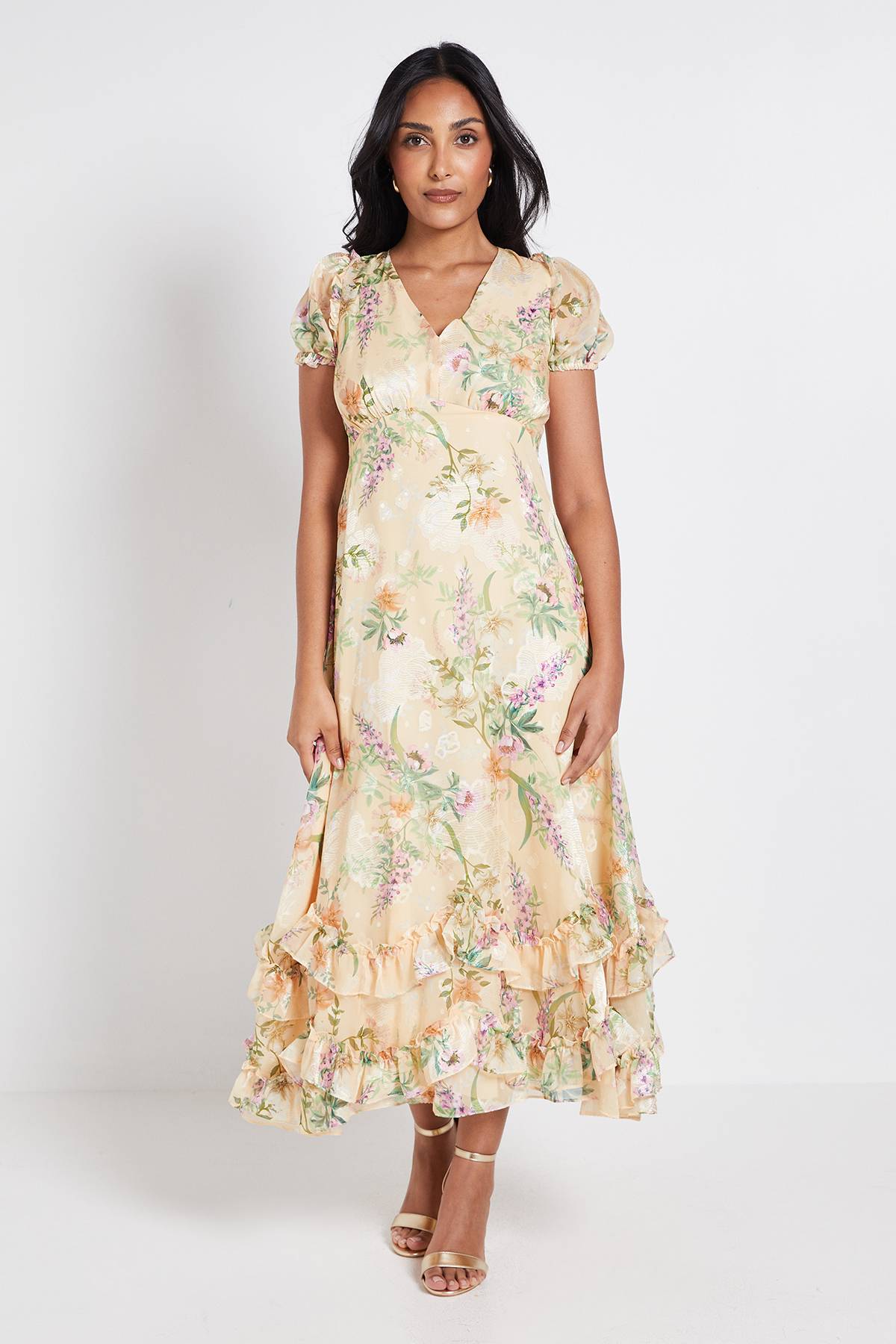 Wallis Robe Mi-longue À Volants En Satin Fleuri Petite