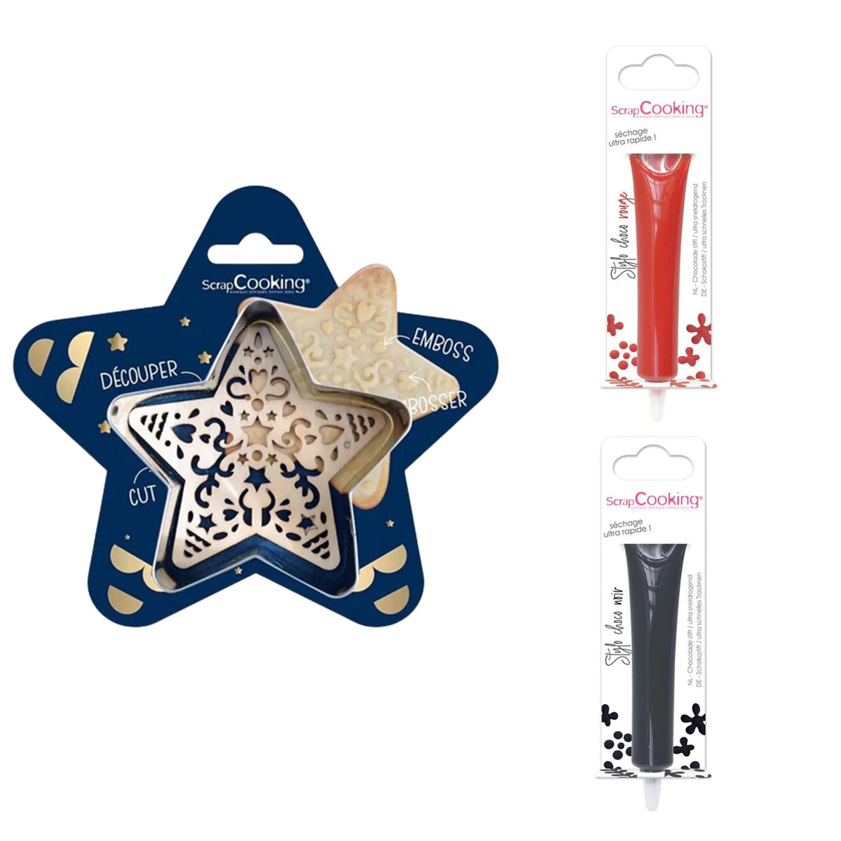 Kit pour biscuit en relief Étoile + 2 Stylos au chocolat rouge et noir