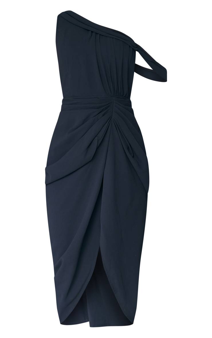 Noir Robe Midi Drapée En Mousseline À Bretelle Asymétrique