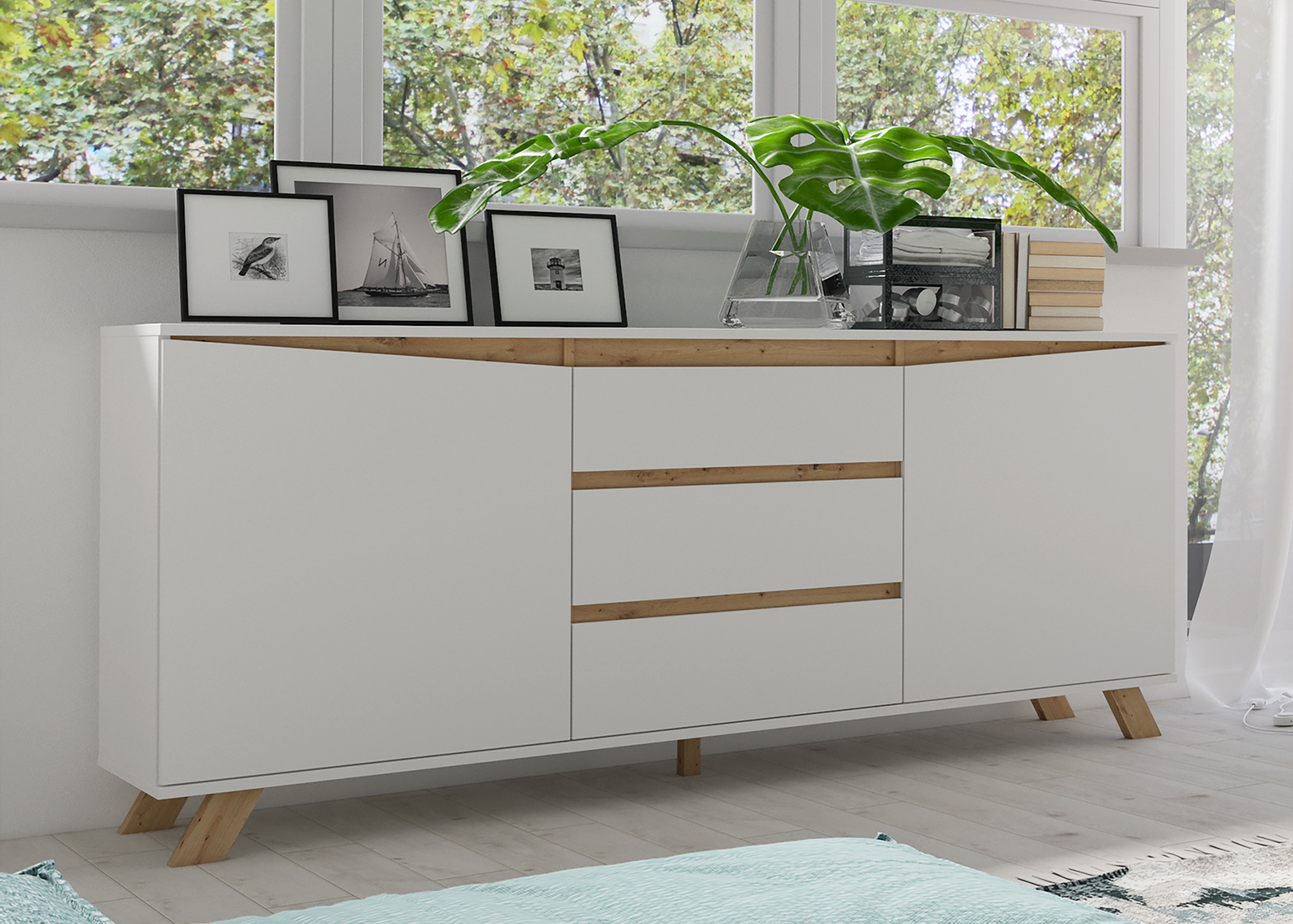 byLIVING Sideboard VALENTIN, Breite 180 cm, weiß/Artisan Eiche (Eiche-Optik)