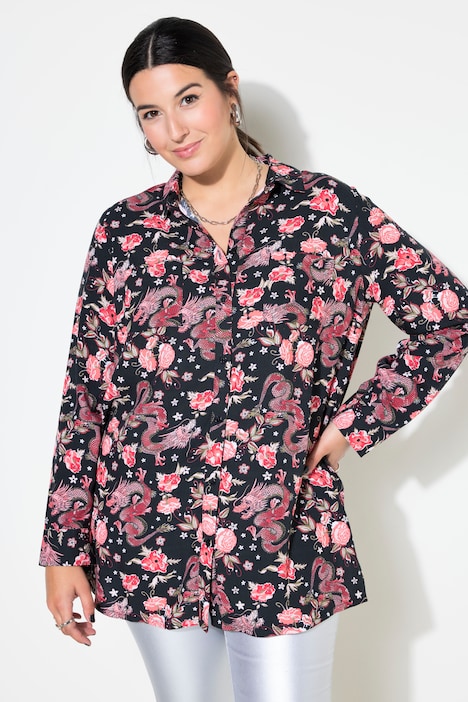 Hemdbluse, Boxy Shape, Asia-Print, Langarm
