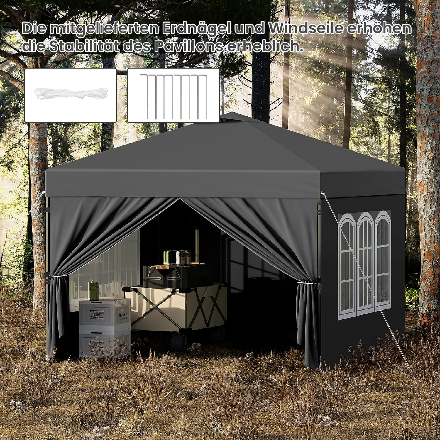Laneetal Pavillon 3x3 m, Faltpavillon mit Seitenwänden, wasserfest stabil Winterfest, Outdoor Gartenpavillon, Partyzelt Gartenzelt, höhenverstellbar, UV Schutz, Metallrahmen,Anthrazit