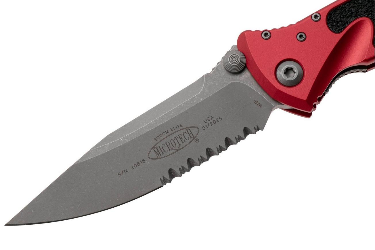 Microtech Socom Elite 160-11APRD, Apocalyptic Stonewashed M390 Clippoint, Red Aluminum, partly serrated zakmes