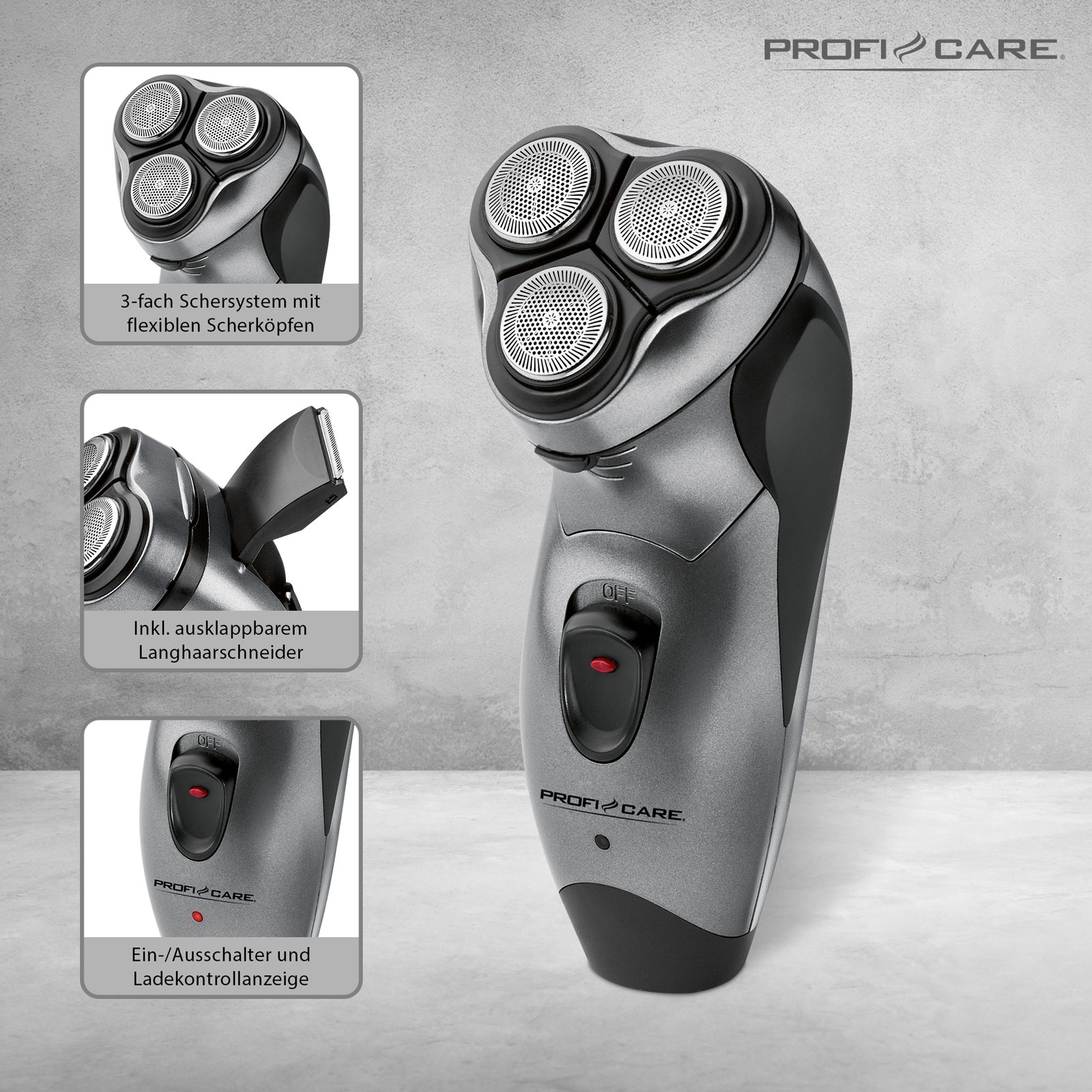 PROFICARE Akku-Herrenrasierer - grau - Trockenrasur