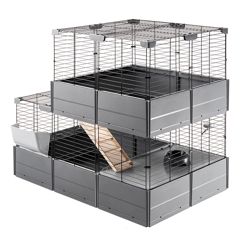 Cage modulable à deux niveaux pour lapins cochons d'inde multipla double, en grillage métallique et plastique recyclé, avec