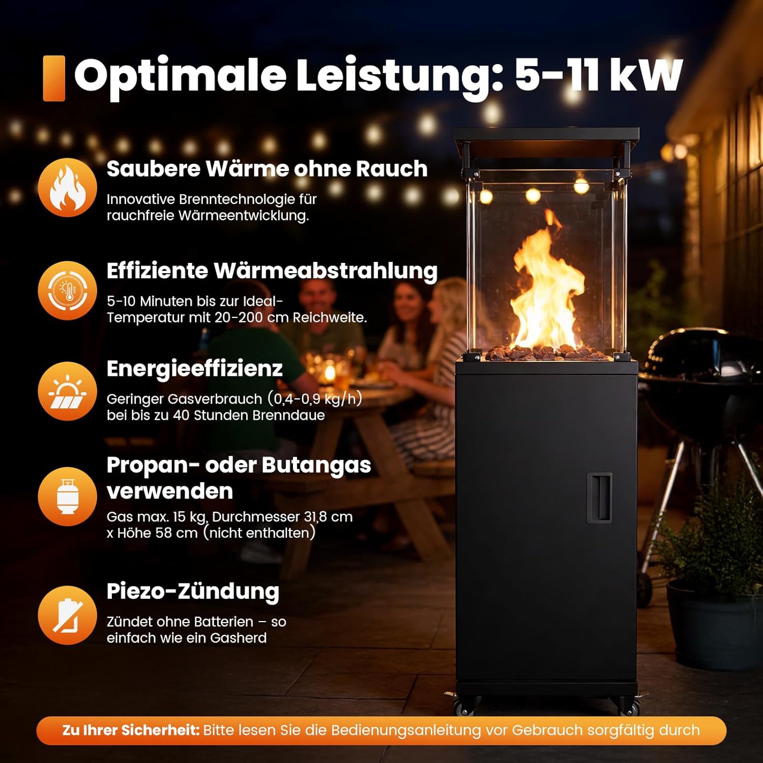 Sweetcrispy Heizstrahler Terrasse Gas 11 kW, Terrassenheizer, Propan Butan Gasheizstrahler, Mobiler Tragbarer Heizpilz, 360° Rollen Kippschutz, Gasheizung Gasheizer für Outdoor Garten, Schwarz