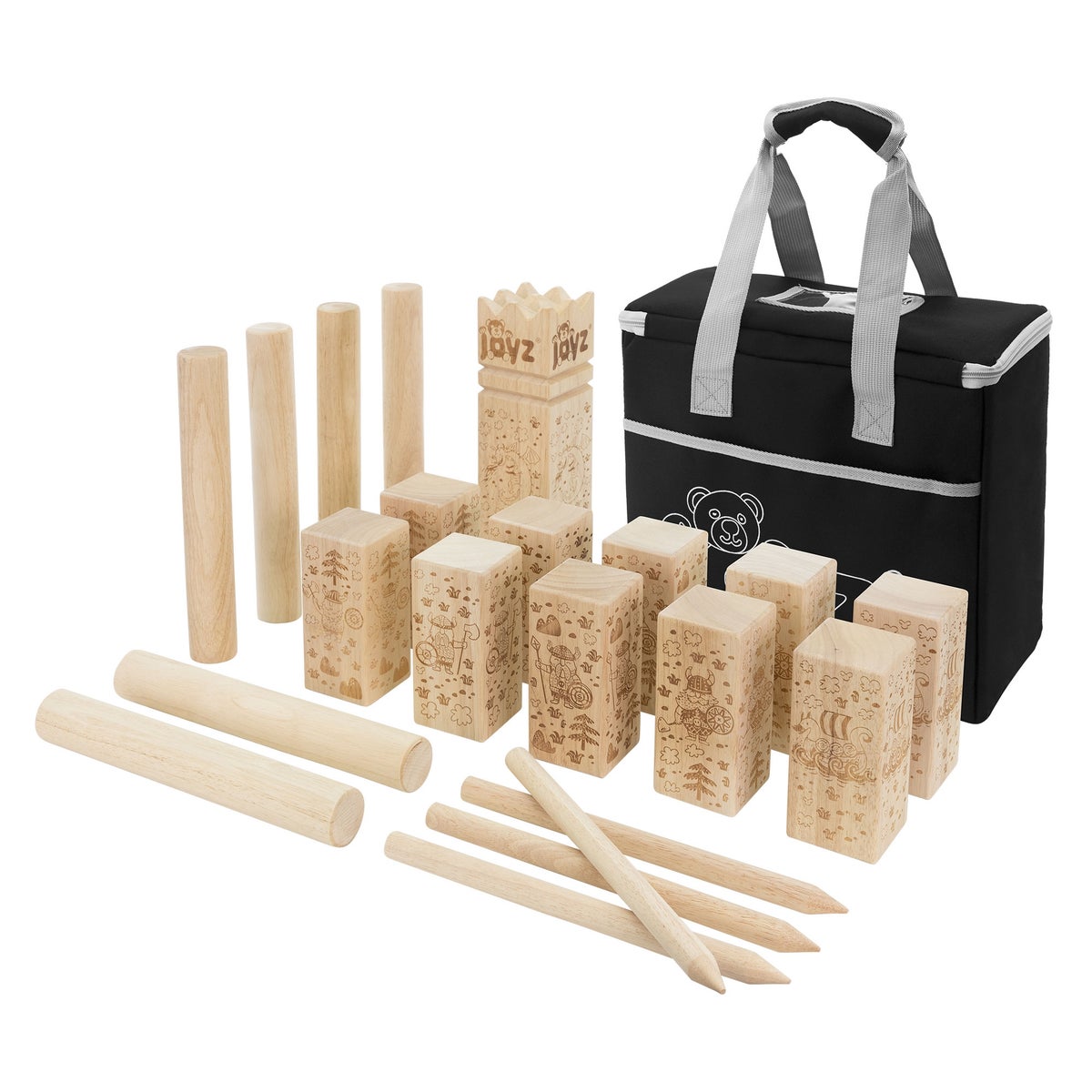 Joyz XXL Viking Kubb Spel van massief hout in premium kwaliteit, 21 spelstukken, voor 2 tot 12 spelers, Viking werpspel, schaakspel, Zweeds schaakspel voor buiten van hout voor kinderen en volwassenen