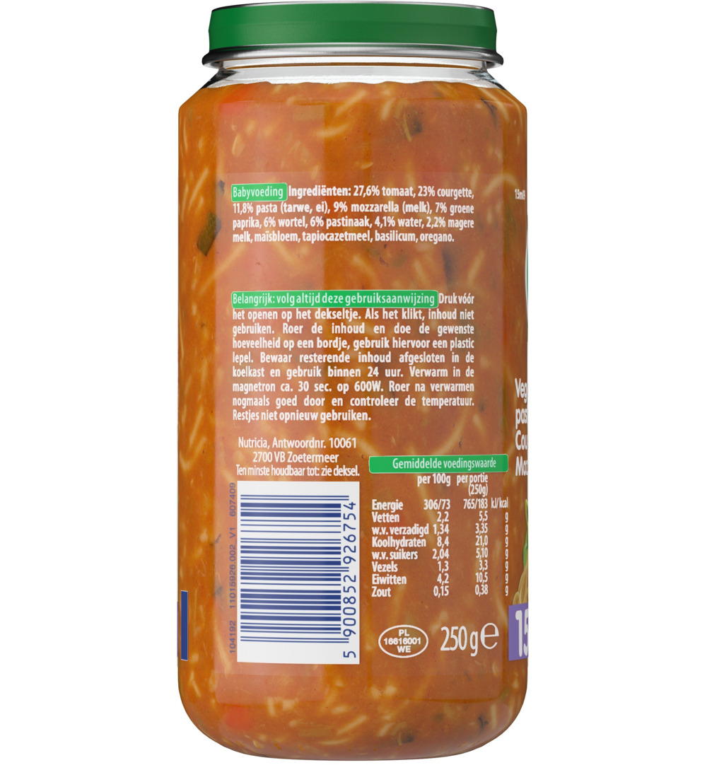 Olvarit Vegetarische pasta courgette mozzarella 15M09 (250 gr)