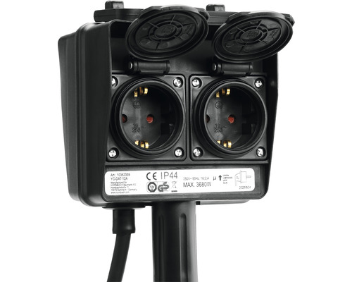 Tuinstopcontact met timer + grondpen, 2-voudig, IP44, 1,5 m kabel, zwart, tot max. 3680 watt