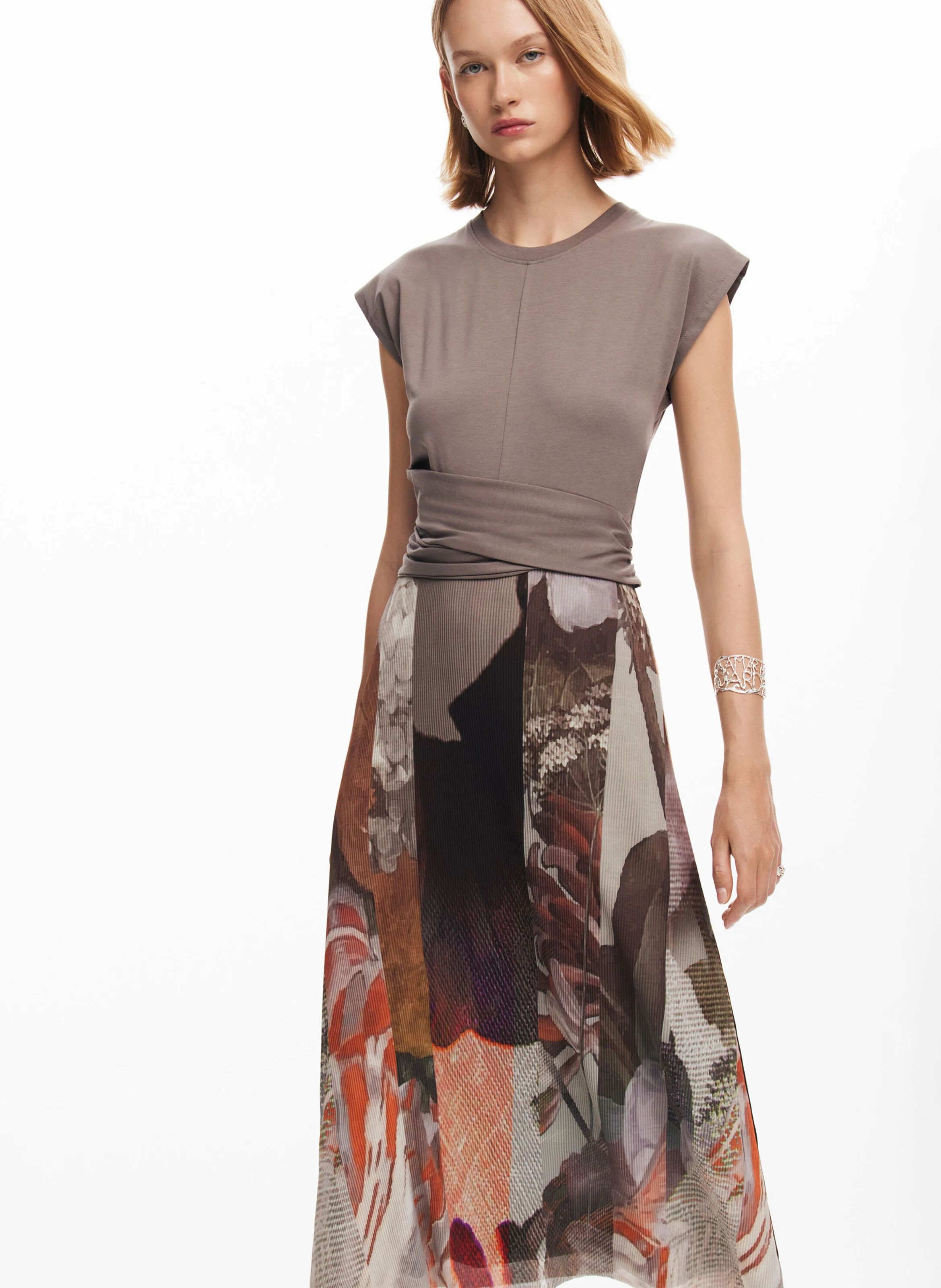 Robe midi col rond imprimée | Marron