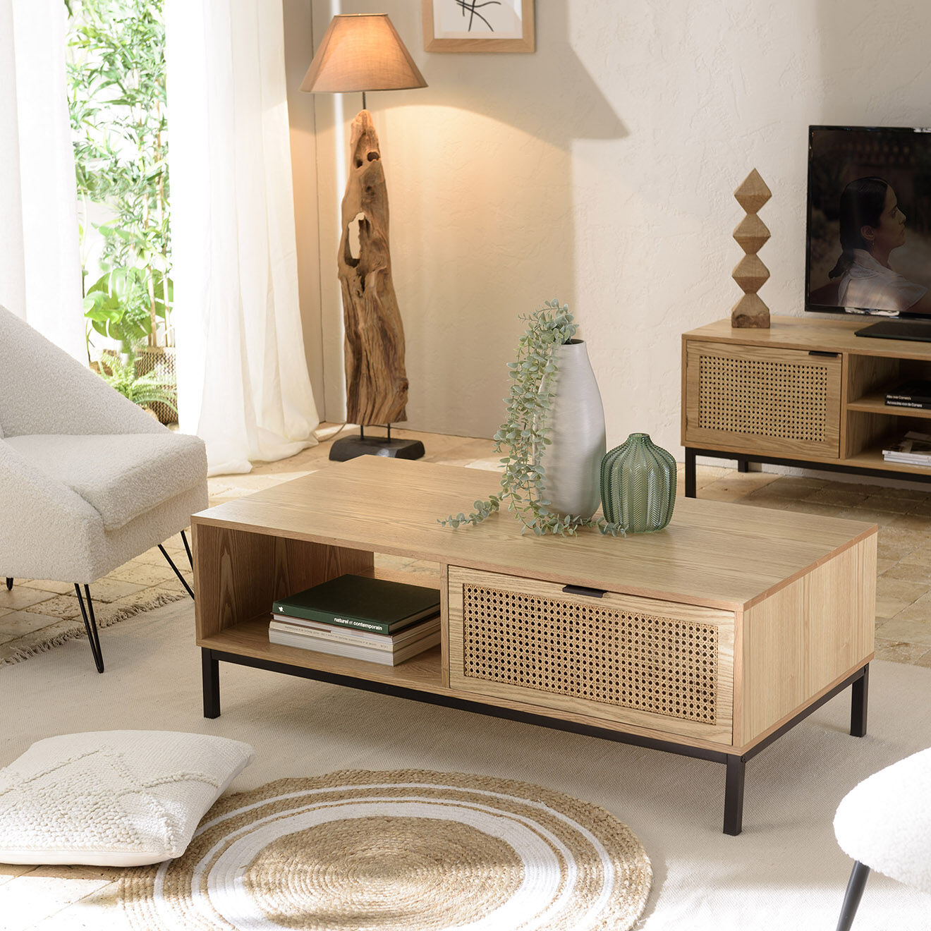 Macabane Table basse 1 niche 2 tiroirs rotin Marceau - 120x60x42 cm