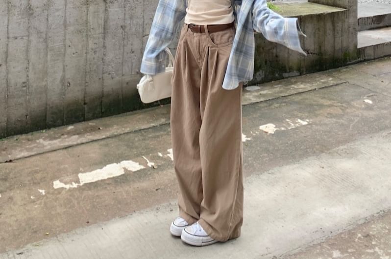 Beem - Effen cami-top / geruit overhemd / hoge taille broek met wijde pijpen