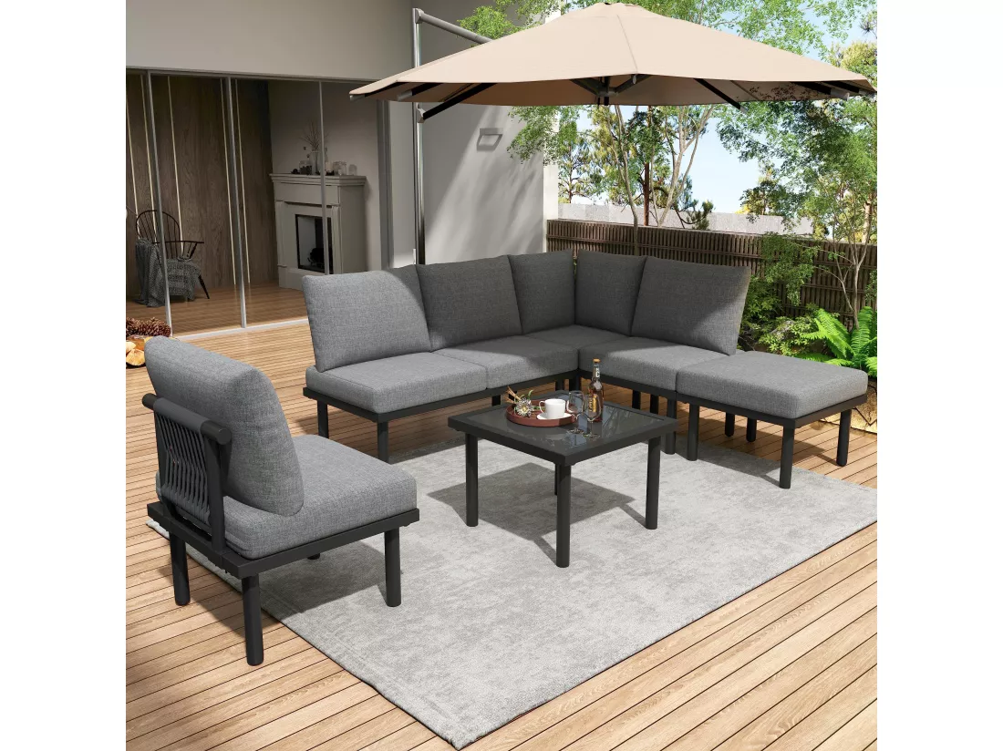 Ensemble de 6 meubles de jardin en corde dessus de table en verre avec assise et coussins gris