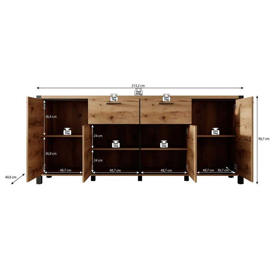 Meubella - Dressoir Acapulco - Eiken - Zwart - 213 cm