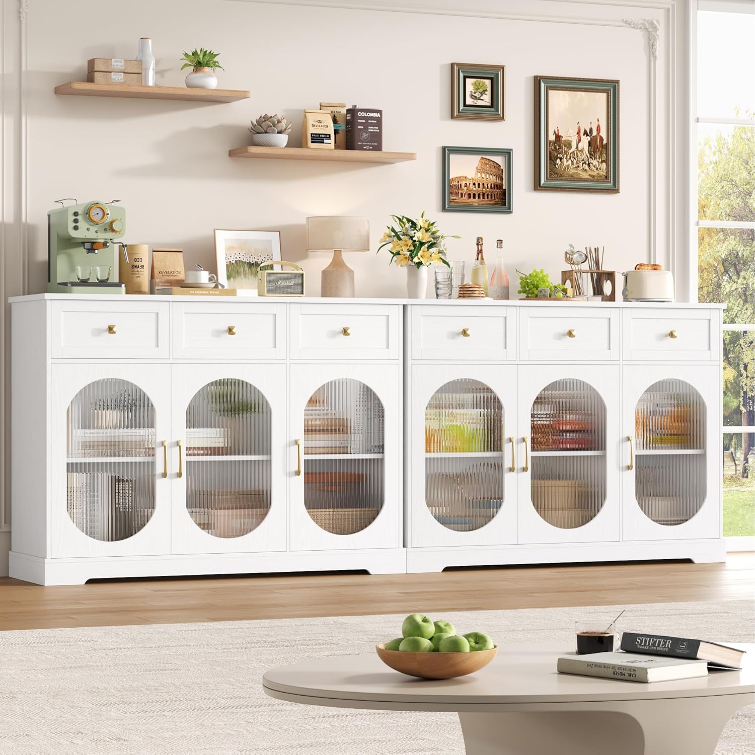 FirFurd Sideboard 120cm Breit Küchenschrank mit Arbeitsplatte Sideboard für Küche Wohnzimmer Buffetschrank mit 3 Schubladen & 3 Glasstüren Küchenbuffet mit Verstellbares Regal weiß 120x89x39.8cm