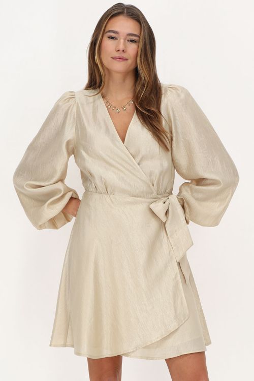 Taupe jurk met overslag satijnen look