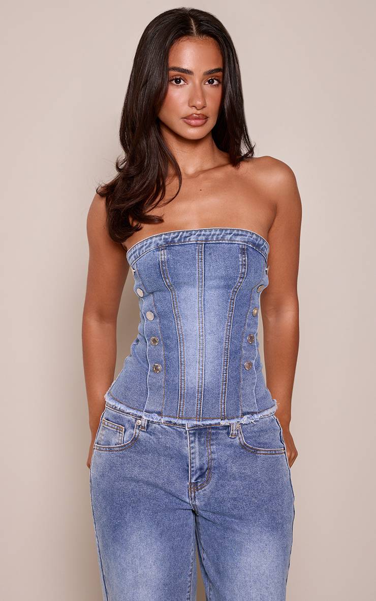 Mid Blue Wash Bandeau En Denim Bleu Moyen Avec Détails De Boutons Petite