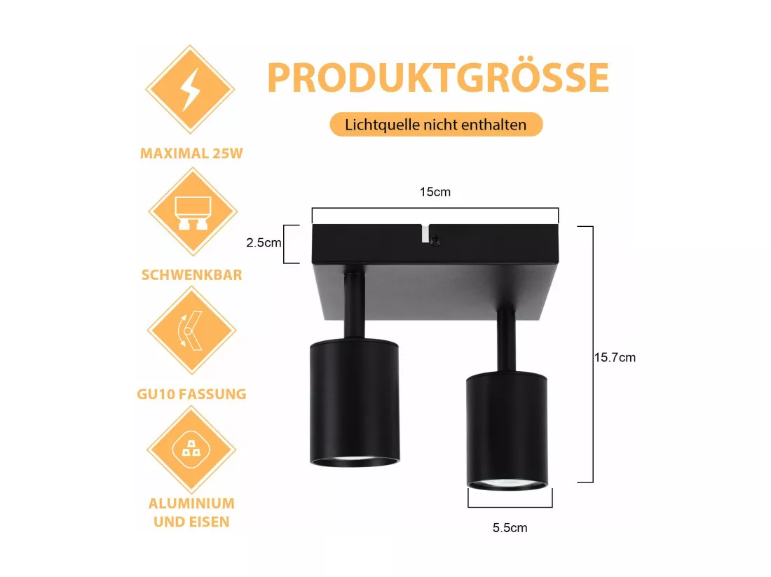 NETTLIFE Spot de plafond salon 2 ampoules noir GU10 plafonnier pivotant spot intérieur moderne pour chambre cuisine