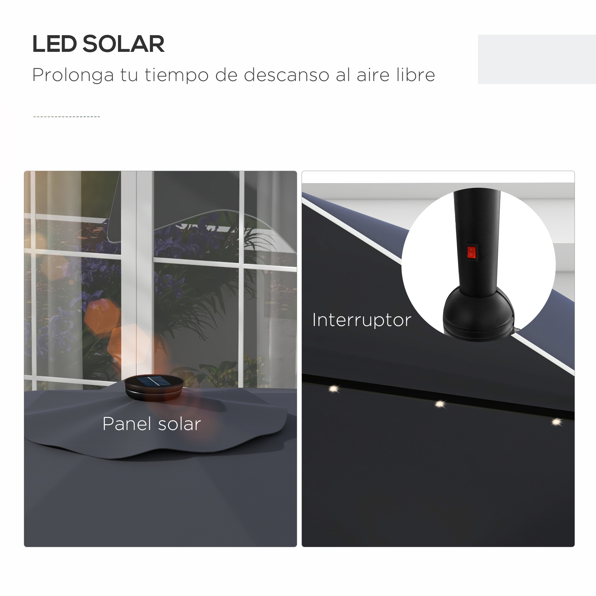 Guarda-sol de jardim Outsunny Ø292x248 cm, manual, para terraço, com 32 luzes LED solares, 8 varetas, impermeável e com grelha de ventilação para pátio e varanda, cinza escuro.