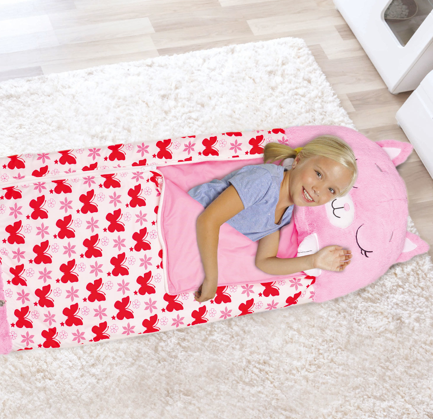 (170x70cm) 2in1 Kinder Camping Schlafsack Kuscheltier Decke mit Plüschtier Kissen - Rosa Katze