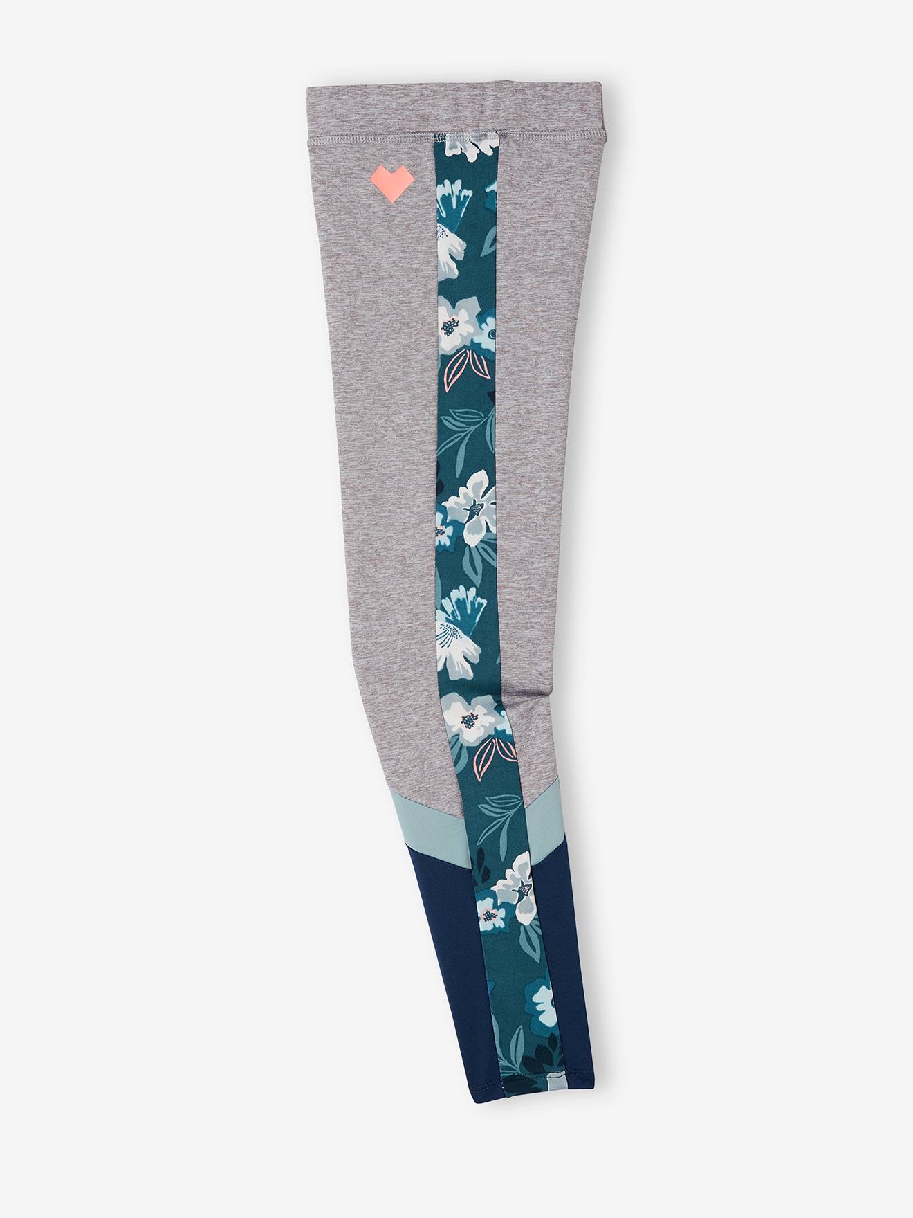 Leggings esportivas femininas em tecido técnico, cinza claro liso com estampas.