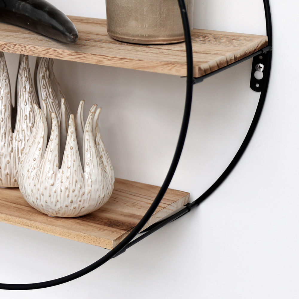 Etagère murale en métal noir - 3 planches en bois - ronde - 50x19 cm