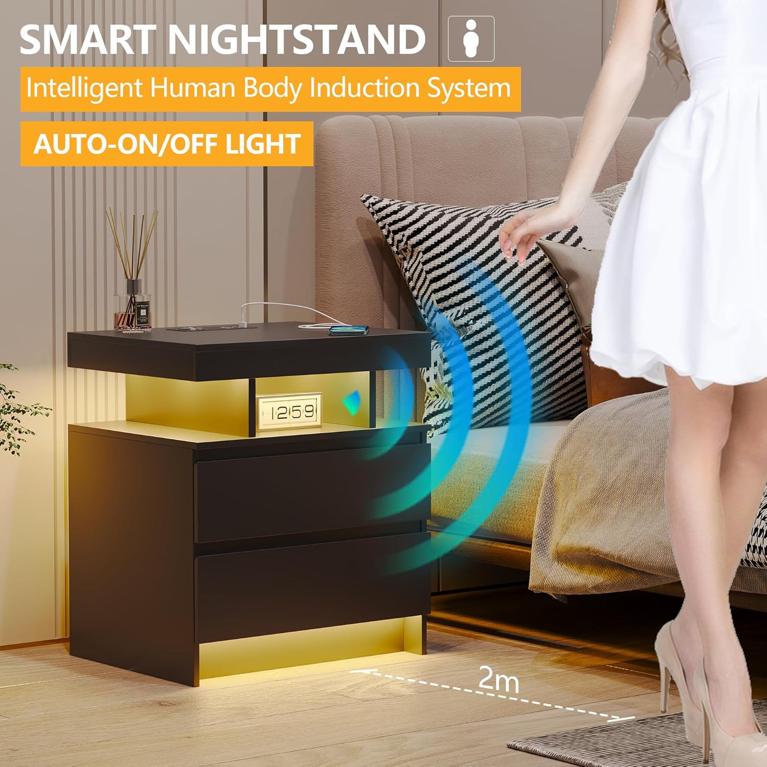Vlsrka LED Nachttisch mit Ladestation, Nachttisch mit 3 Farben Licht, Smart Nachttische mit Drahtloses Laden, Nachtkästchen mit 2 Schubladen, Moderner Nachtschrank Schlafzimmer Wohnzimmer, Schwarz