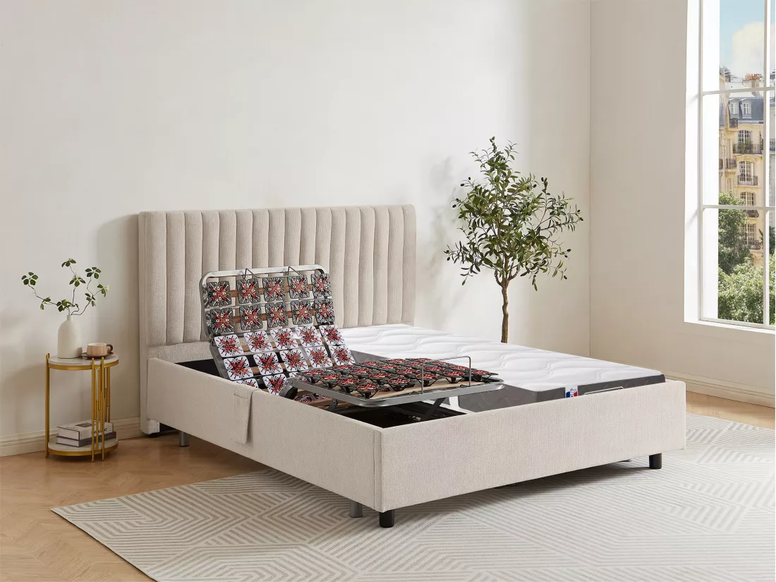 Lit électrique de relaxation déco tout plots + matelas 100% latex 3 zones - 2 x 70 x 190 cm - Tissu - Beige - TIARI de YSMÉE