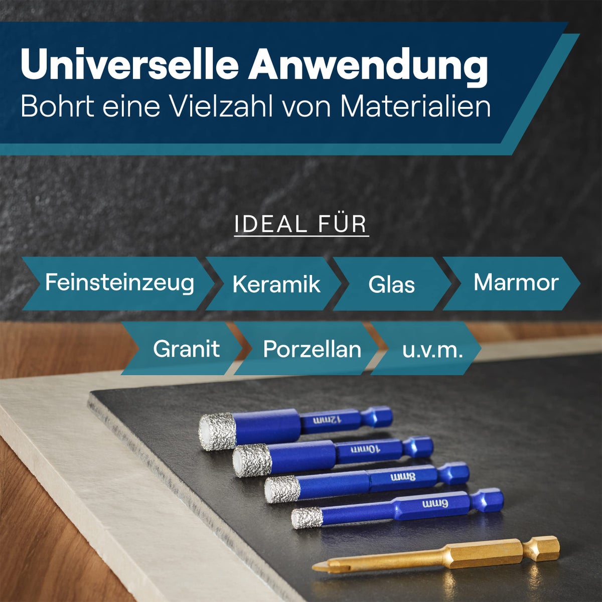 WERKSTEIN Tegelboorset - 6, 8, 10, 12 mm glasboortjes en 6 mm hardmetalen puntboor - Diamantboortjes voor het boren in tegels, glas, marmer, graniet en meer - Keramische/diamantboortjes voor harde tegels